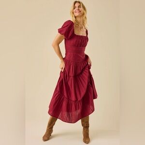 Altar'd State Deep Red Midi Dress with Puff Sleeves
